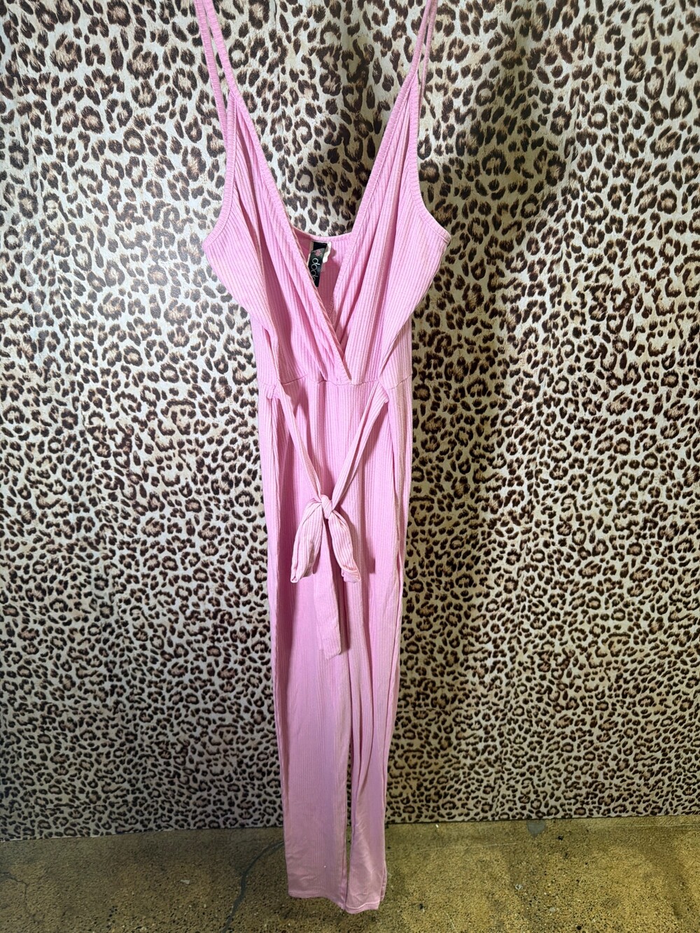 dodo Pink Ribbed Wrap Front Jumpsuit with Self Tie Belt